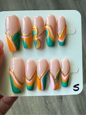 Custom Press-On Nails with Green, Orange & Pink Accent
